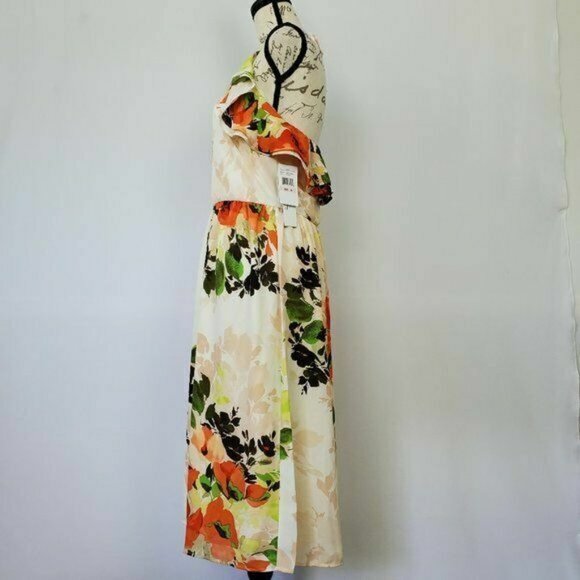Nicole Miller Womens Halter Dress Size 10 Cream Orange Floral‎ Ruffle Midi NWT - Picture 7 of 10